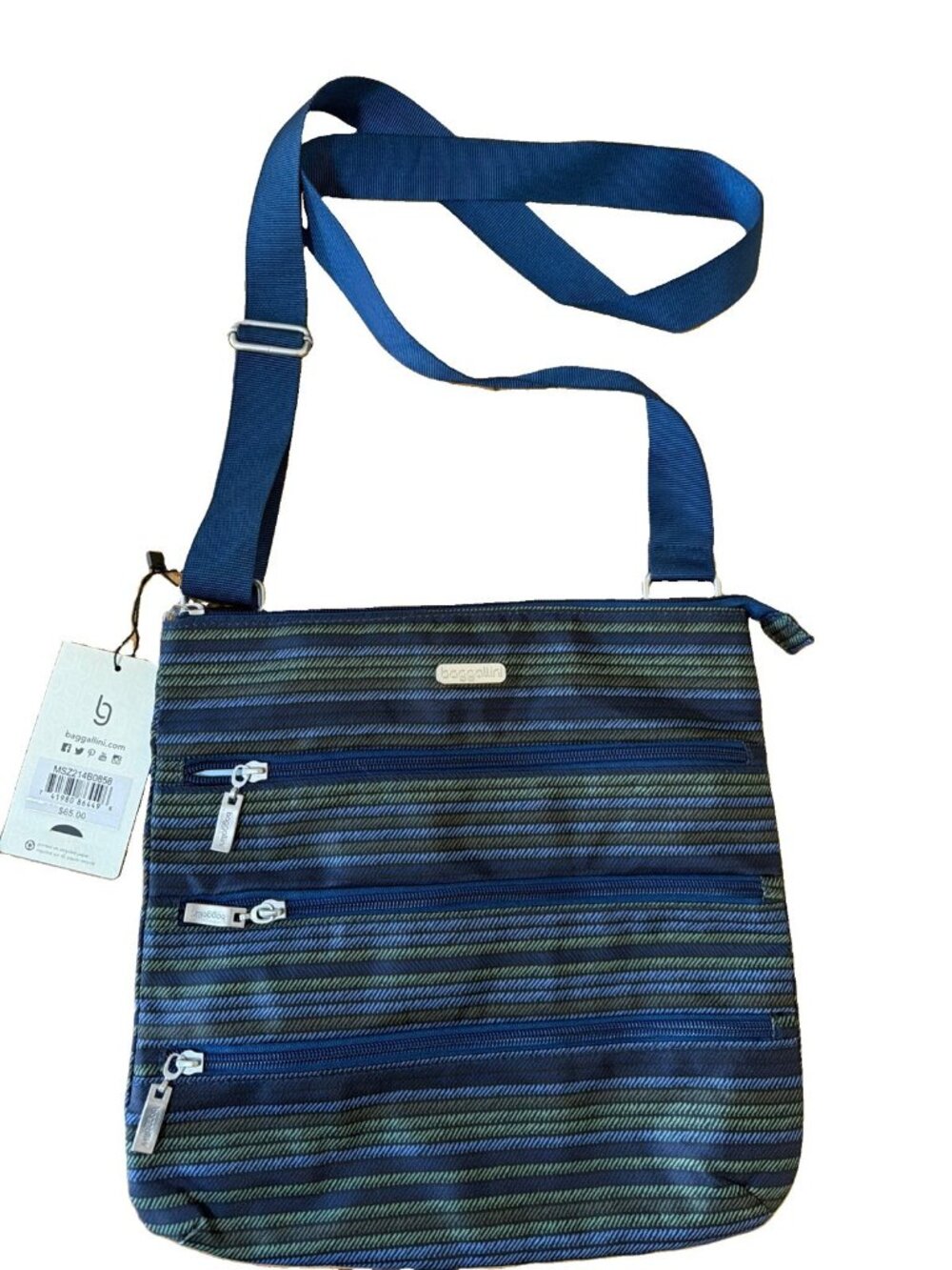 Baggallini Slim Zipper Crossbody Bag Moss Stripe Lightweight Water Resistant NWT
